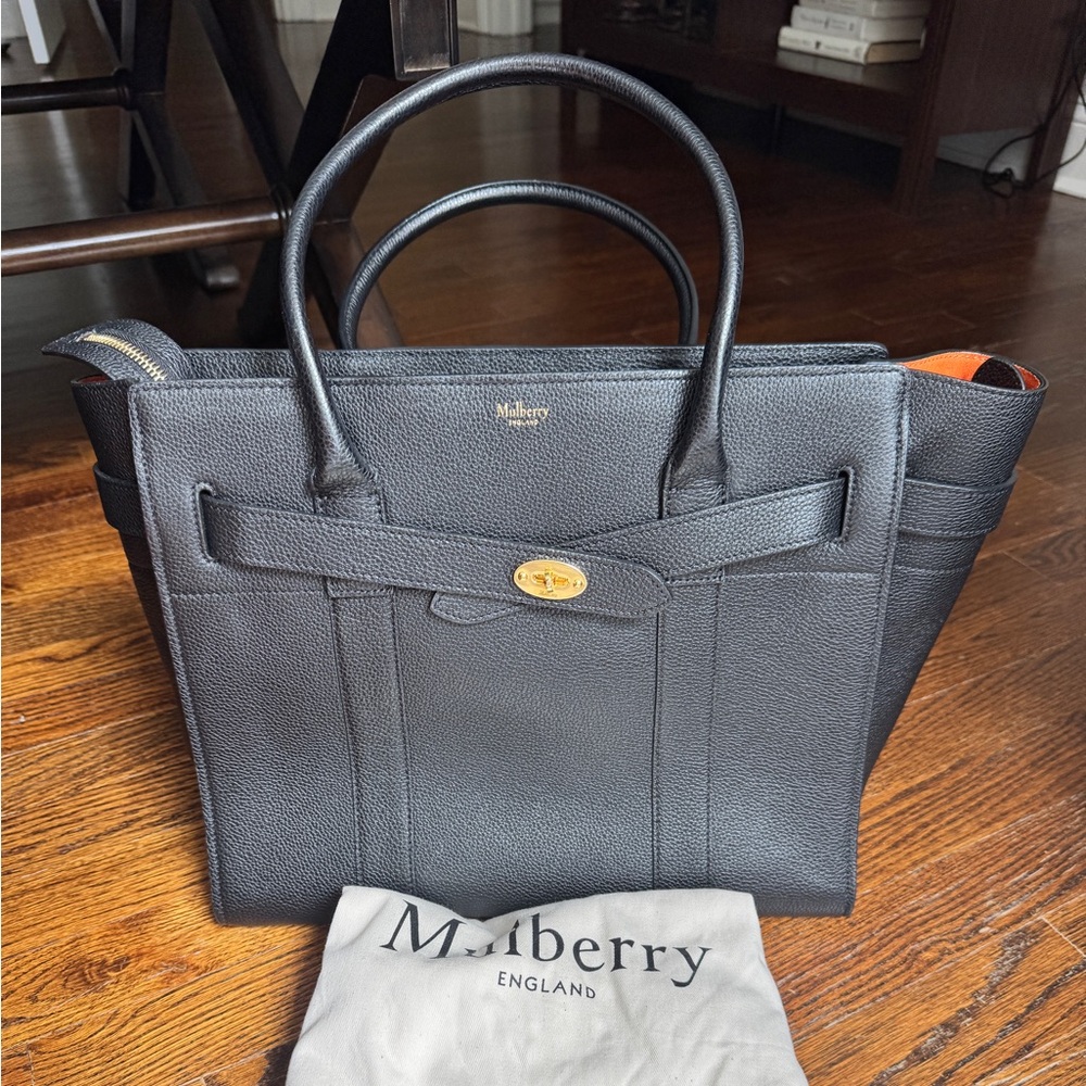 Mulberry Black Leather Tote with Orange Interior